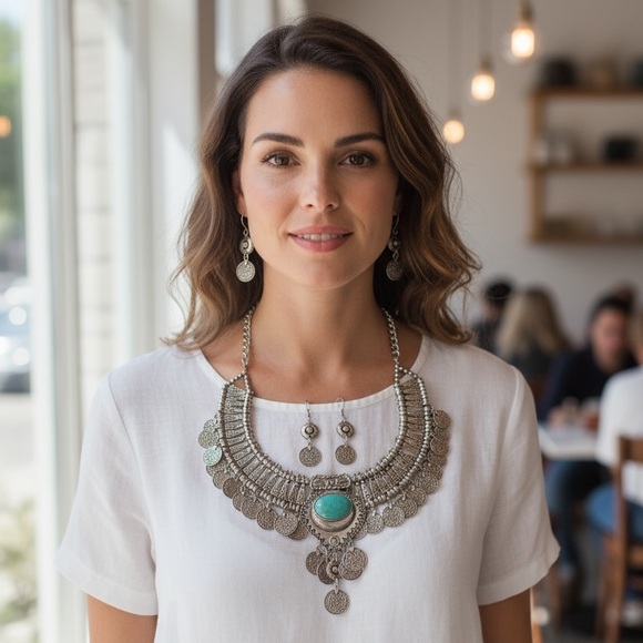 NWT Silver Coin Statement Necklace & Earrings Set with Turquoise Accent - Picture 11 of 14